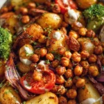 Roasted potato salad with BBQ chickpeas garnished on a plate