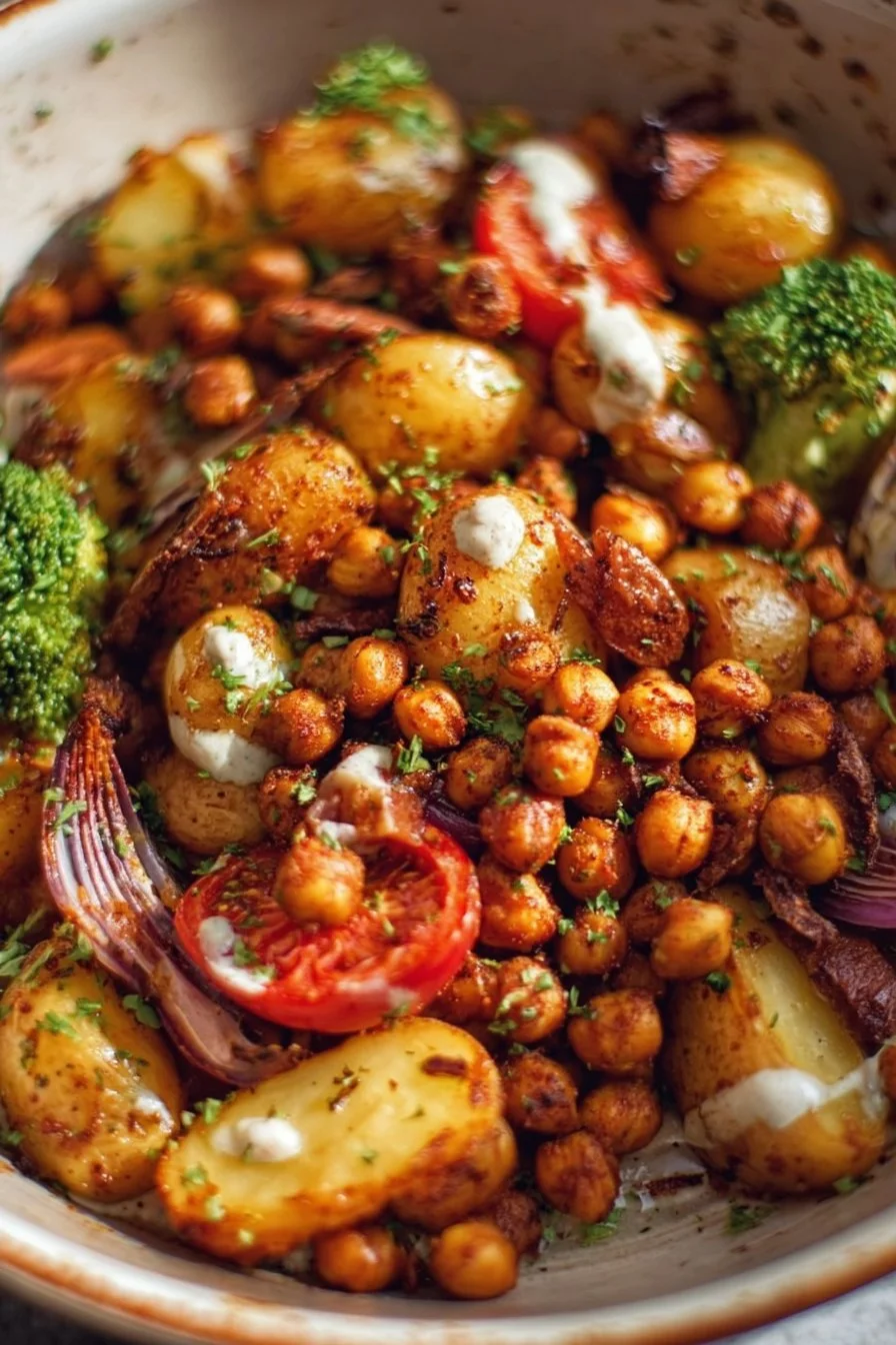 Roasted potato salad with BBQ chickpeas garnished on a plate