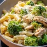 Rotisserie chicken broccoli pasta dish with vibrant vegetables