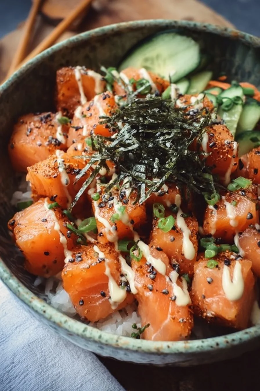 Bowl of flavorful salmon bites served with fresh ingredients