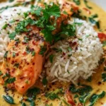 Delicious salmon curry served with rice and garnished with fresh herbs