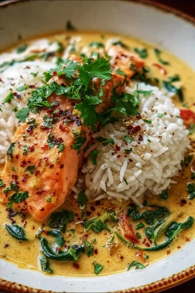 Delicious salmon curry served with rice and garnished with fresh herbs