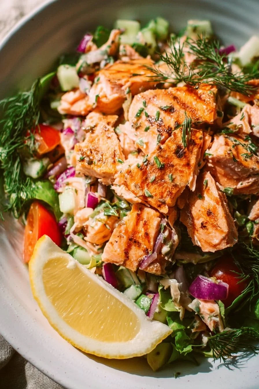 Fresh salmon salad with greens, cherry tomatoes, and vinaigrette dressing