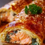 Delicious Salmon Wellington served with a side of vegetables.