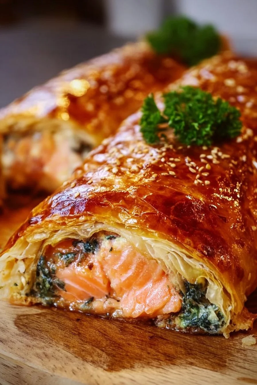 Delicious Salmon Wellington served with a side of vegetables.