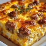 Sausage and Egg Casserole baked in a dish, garnished with herbs