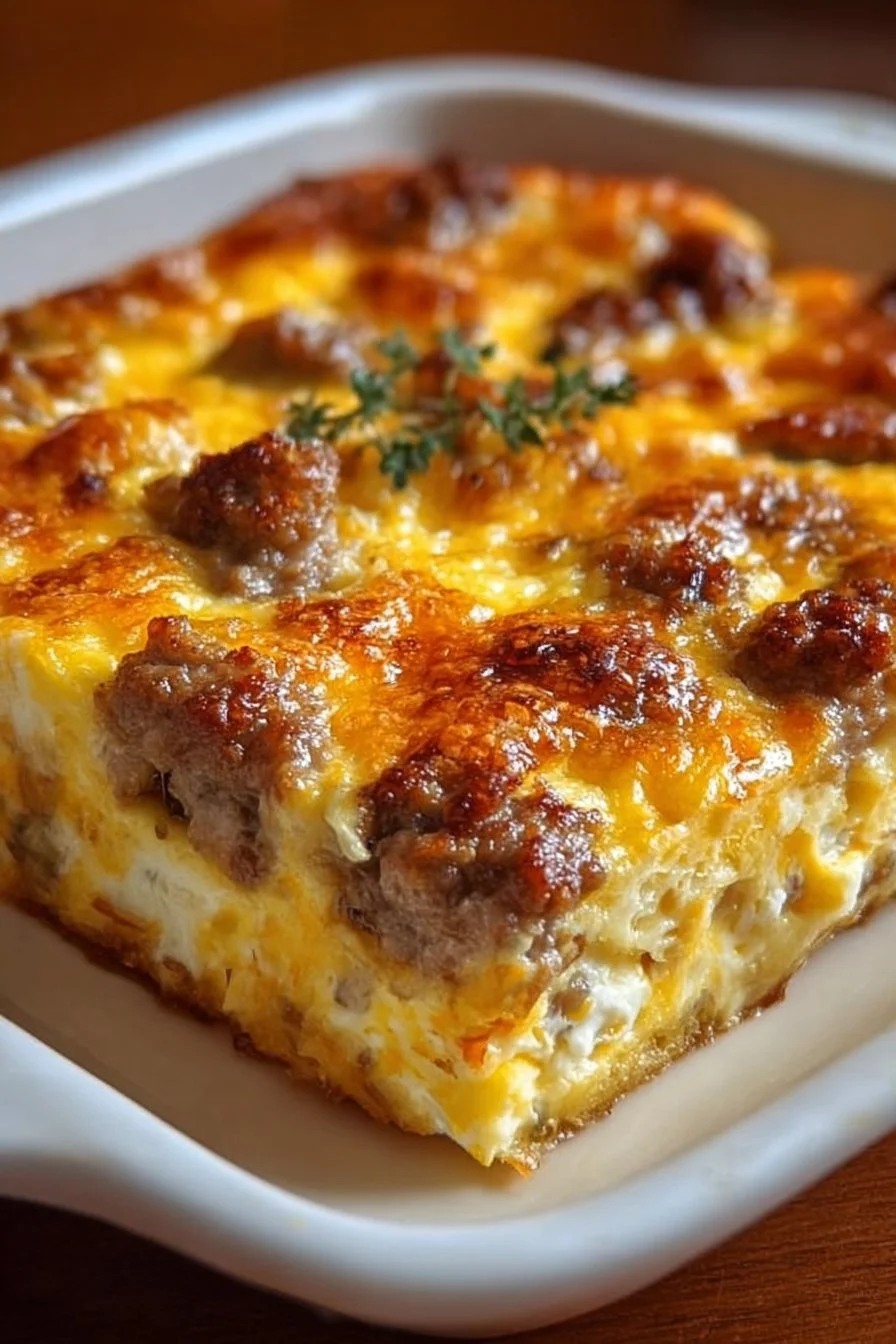 Sausage and Egg Casserole baked in a dish, garnished with herbs