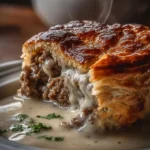 Delicious Sausage Gravy and Biscuit Pie served on a plate