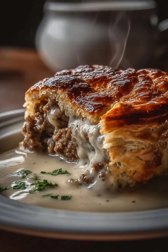 Delicious Sausage Gravy and Biscuit Pie served on a plate