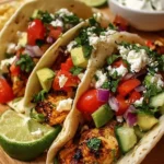 Mediterranean Chicken Tacos garnished with fresh vegetables and tzatziki sauce