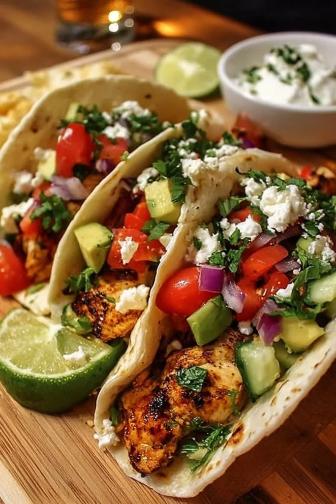 Mediterranean Chicken Tacos garnished with fresh vegetables and tzatziki sauce