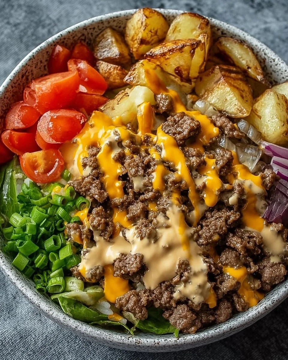 Savory smash burger bowl with fresh ingredients and low-carb options