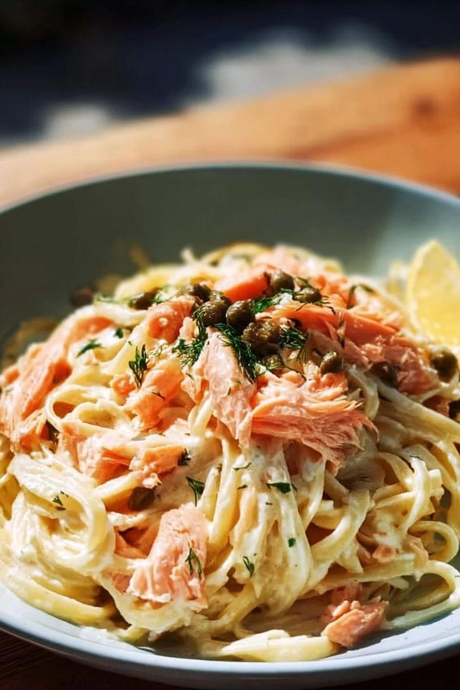 Plate of savory smoked salmon linguine garnished with herbs and lemon
