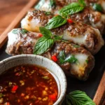 Savory Thai basil beef rice paper rolls filled with fresh herbs and vegetables