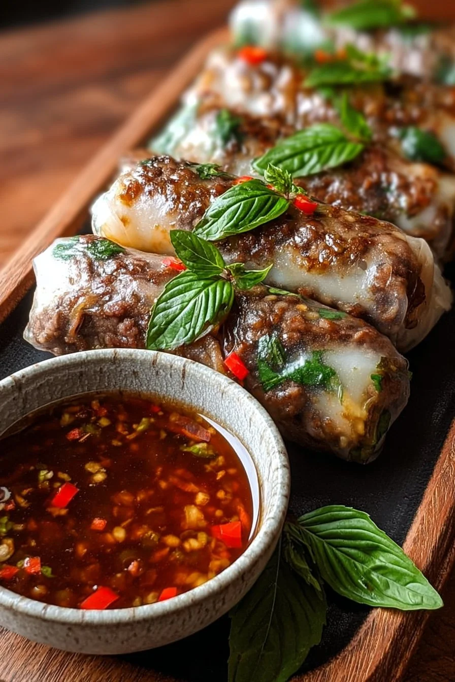 Savory Thai basil beef rice paper rolls filled with fresh herbs and vegetables