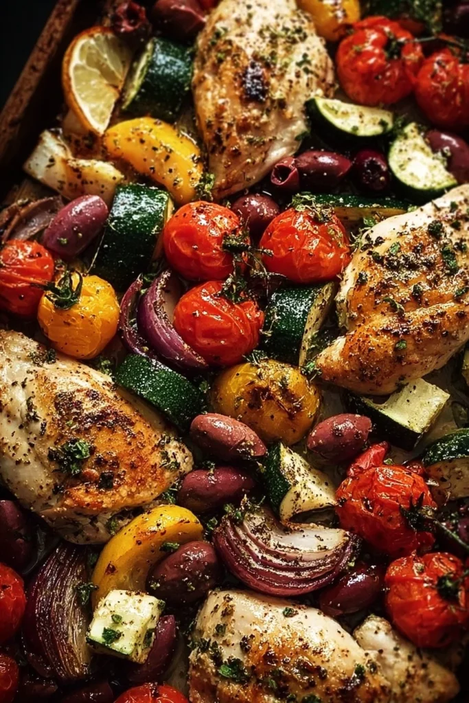 Delicious sheet pan Greek chicken with colorful roasted veggies