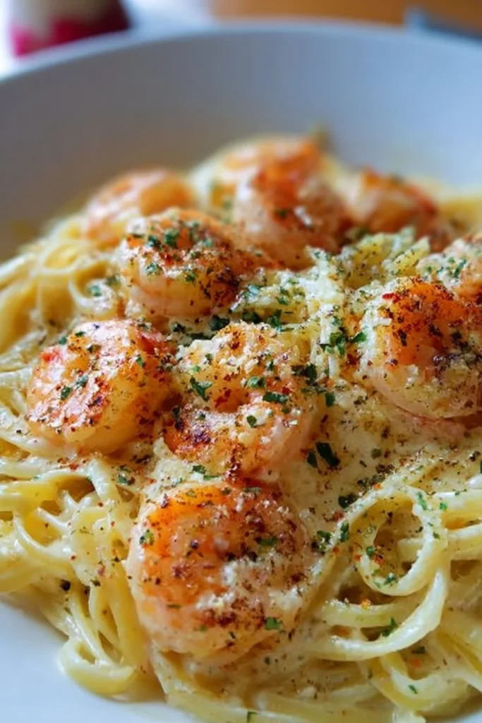 Shrimp Scampi Garlic Cream Pasta served in a bowl with fresh parsley garnish