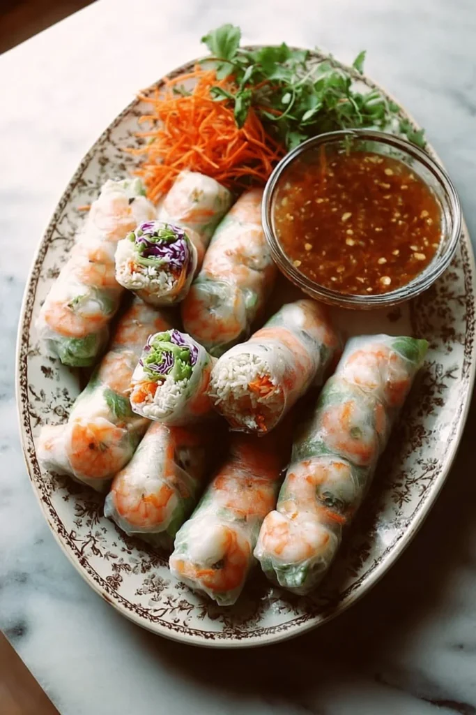 Delicious shrimp spring rolls garnished with fresh herbs and served with dipping sauce.