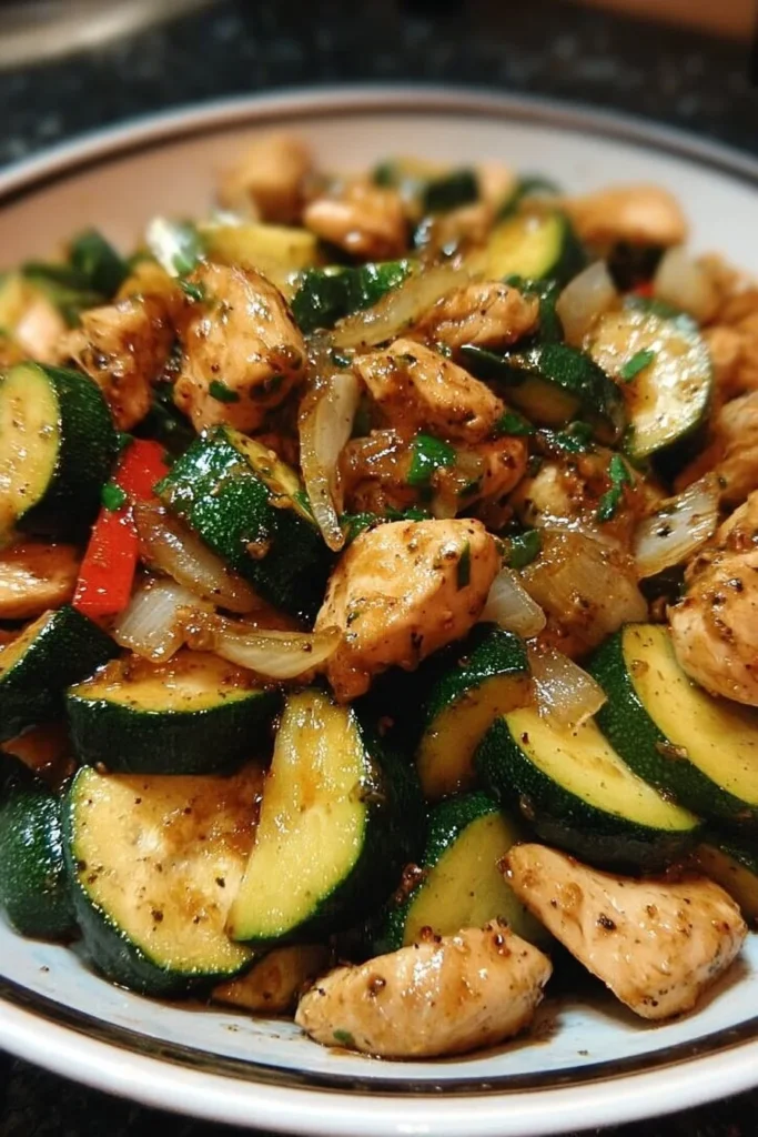 Delicious chicken zucchini stir fry with colorful vegetables in a bowl