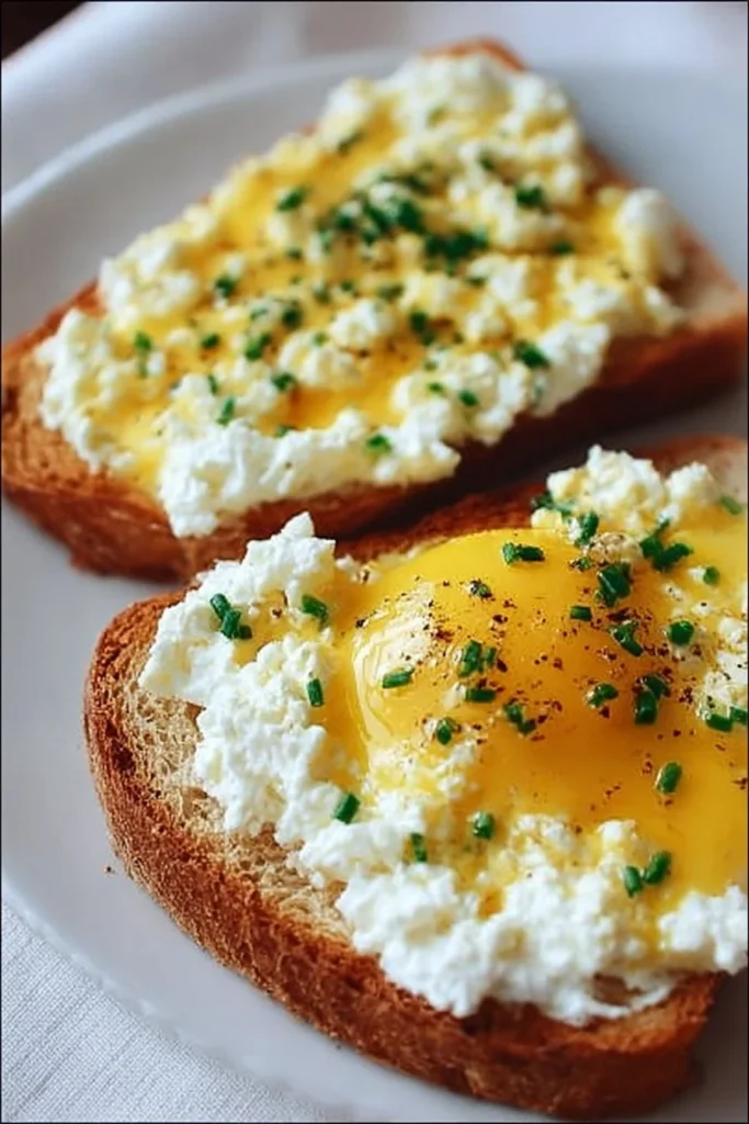 Deliciously prepared Egg and Ricotta Toast topped with fresh herbs and a sunny-side-up egg.