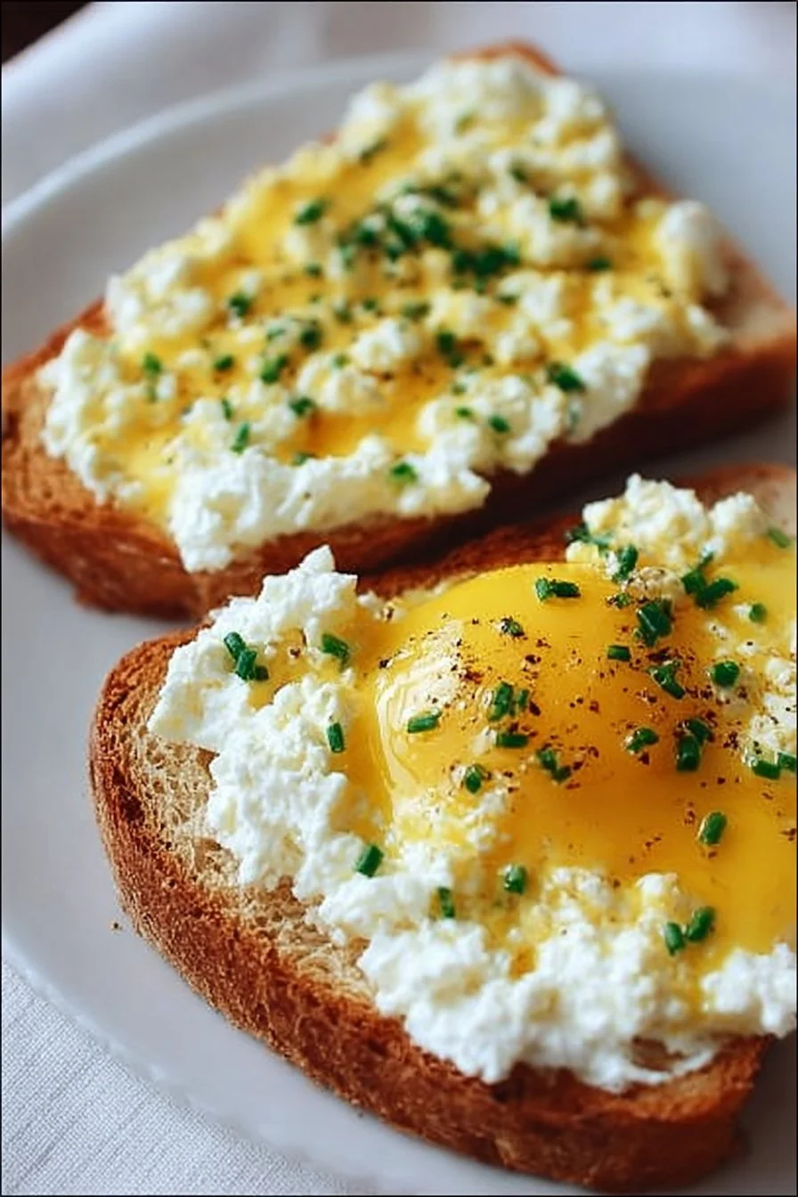 Deliciously prepared Egg and Ricotta Toast topped with fresh herbs and a sunny-side-up egg.