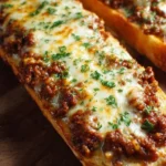 Sloppy Joe Garlic Bread topped with melted cheese and fresh herbs