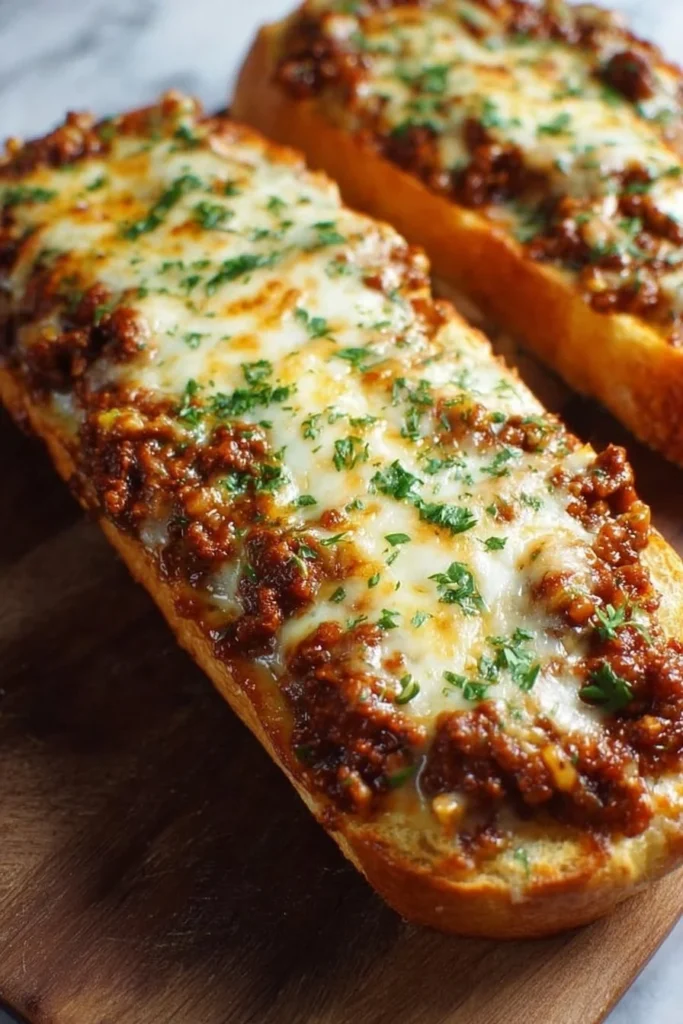 Sloppy Joe Garlic Bread topped with melted cheese and fresh herbs