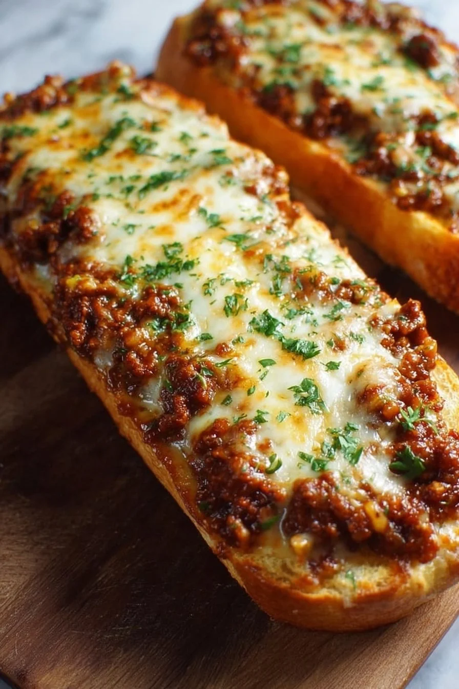 Sloppy Joe Garlic Bread topped with melted cheese and fresh herbs