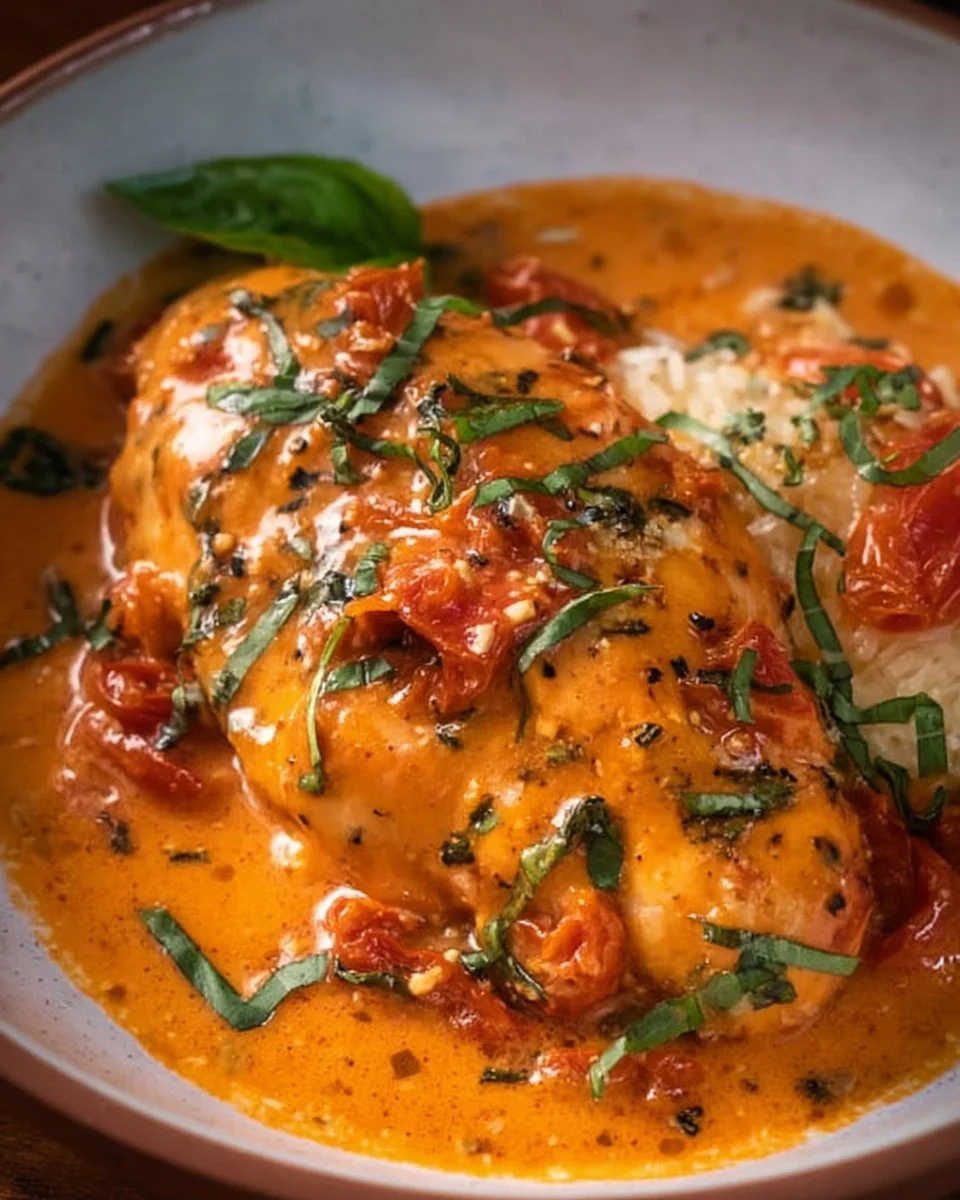 Slow Cooker Creamy Tomato Basil Chicken Breast served with fresh basil