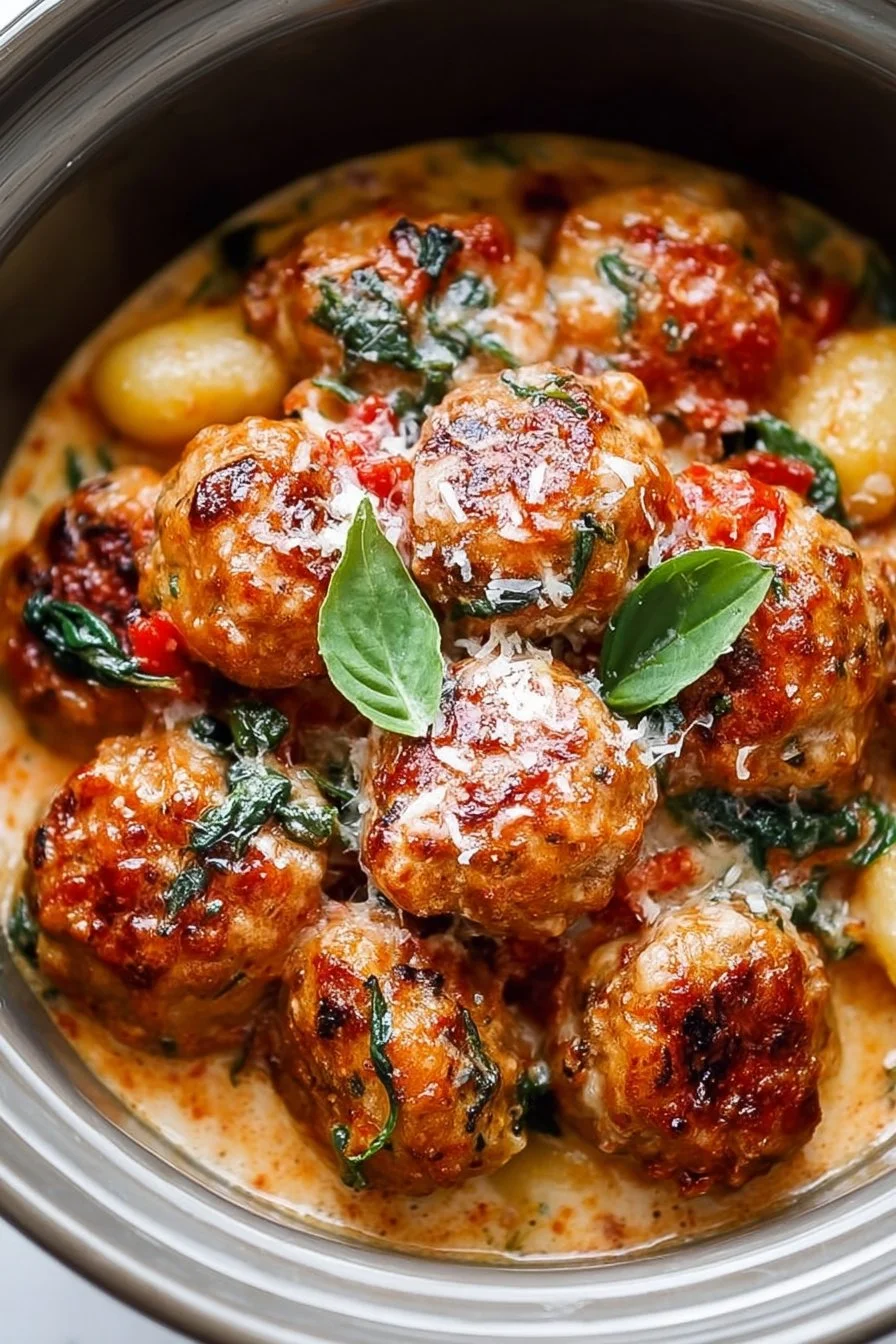 Slow Cooker Tuscan Chicken Meatballs served with gnocchi in a bowl