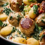 Slow Cooker Tuscan Chicken Meatballs served with gnocchi in a rich sauce
