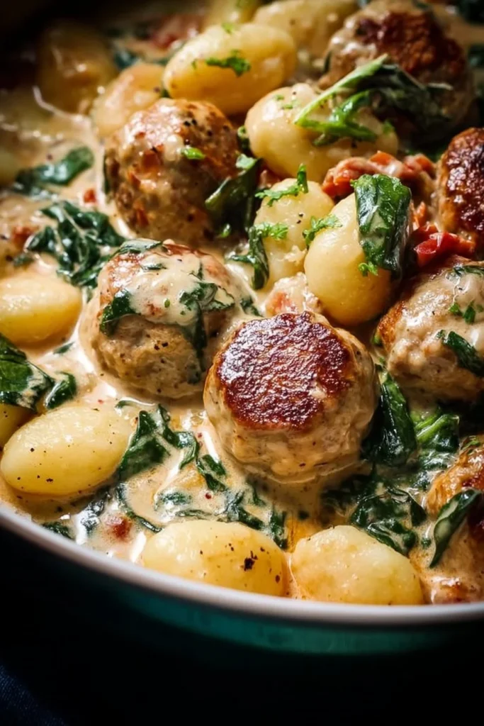 Slow Cooker Tuscan Chicken Meatballs served with gnocchi in a rich sauce