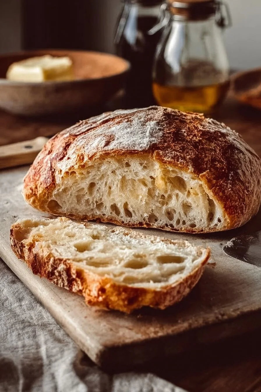 Freshly baked sourdough bread loaf on a wooden cutting board.