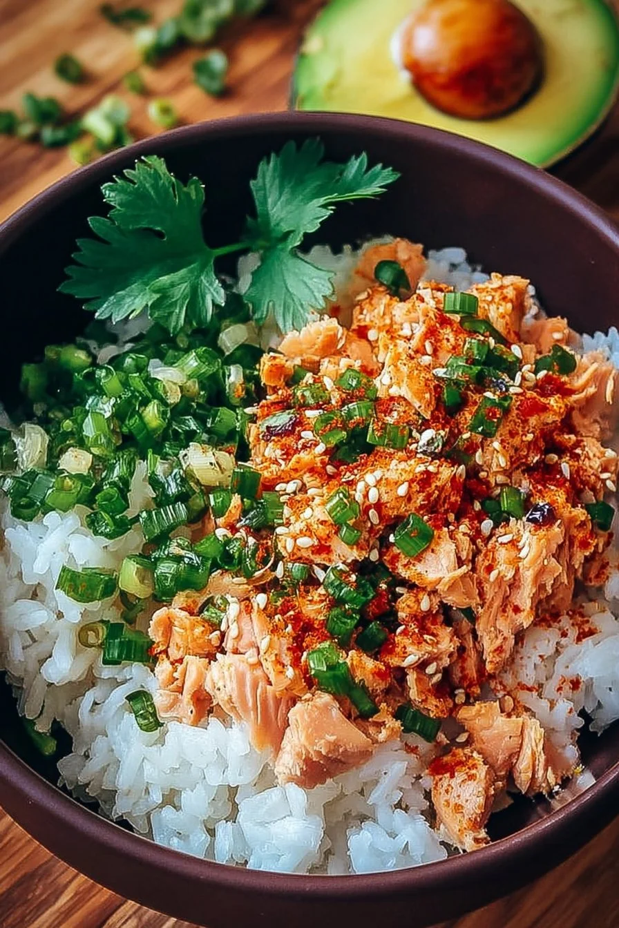 Spicy Canned Salmon Rice Bowl with vibrant veggies and rice