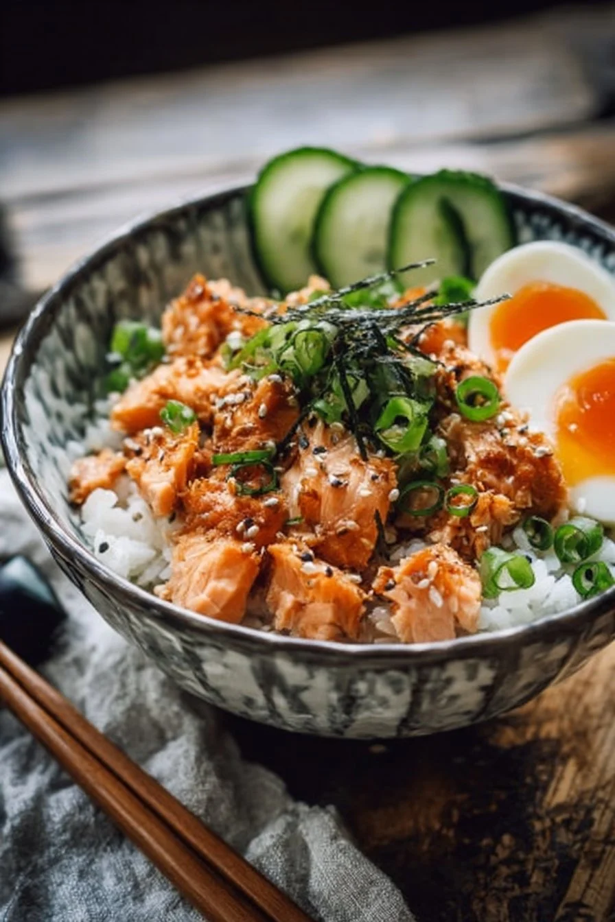 Spicy canned salmon rice bowl topped with fresh vegetables and sauces.