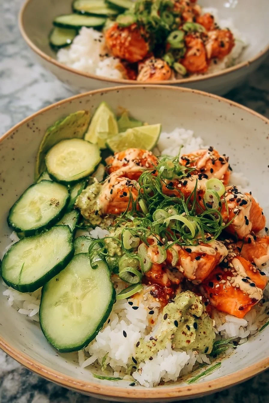 Spicy Salmon Bowl with Coconut Rice garnished with vegetables