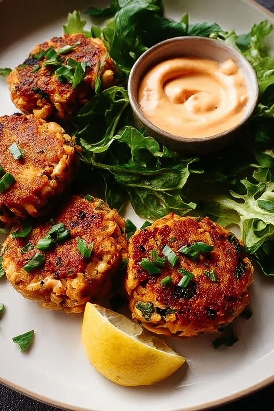 Spicy salmon cakes served with sriracha aioli on a white plate