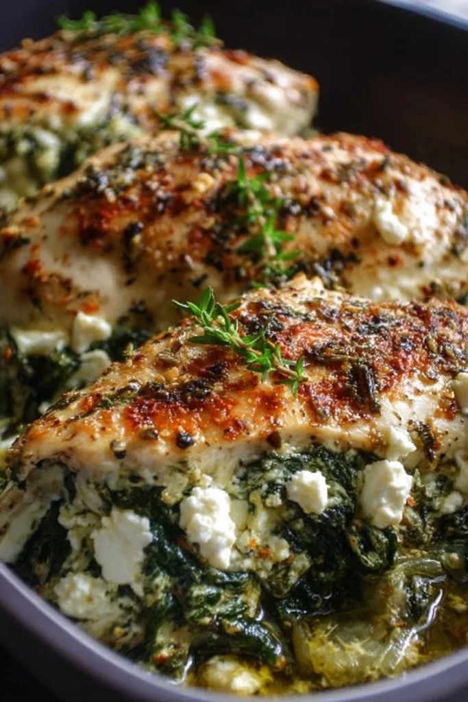 Delicious spinach and feta baked chicken served on a plate with fresh herbs.
