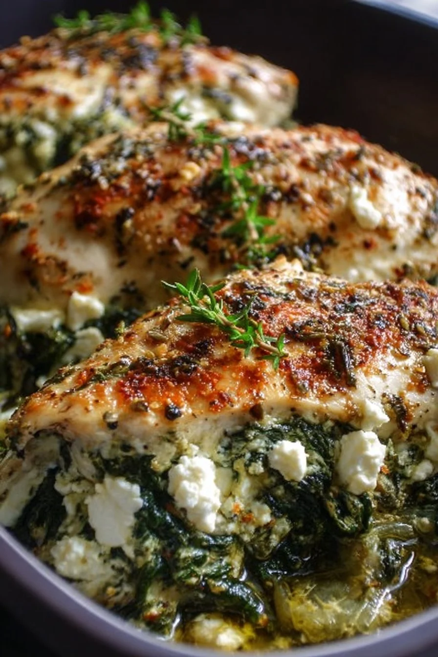 Delicious spinach and feta baked chicken served on a plate with fresh herbs.