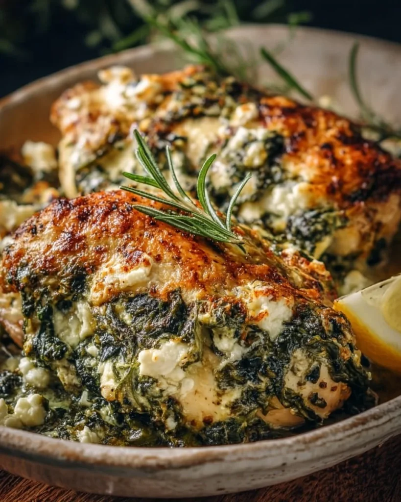 Juicy baked chicken topped with spinach and feta cheese
