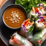 Delicious spring rolls served with rich peanut sauce for dipping