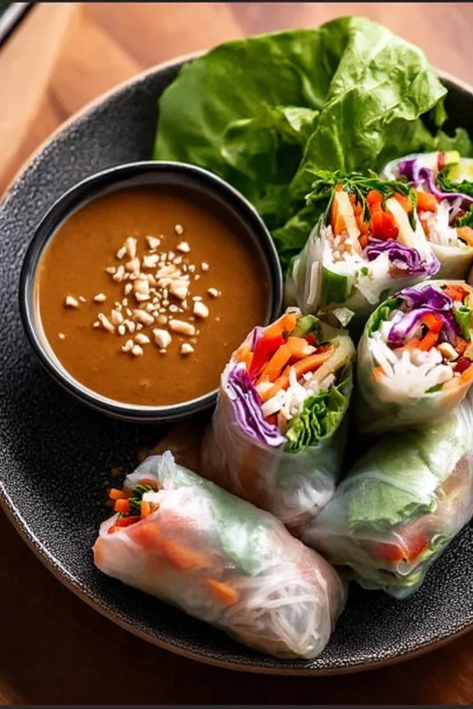 Delicious spring rolls served with rich peanut sauce for dipping