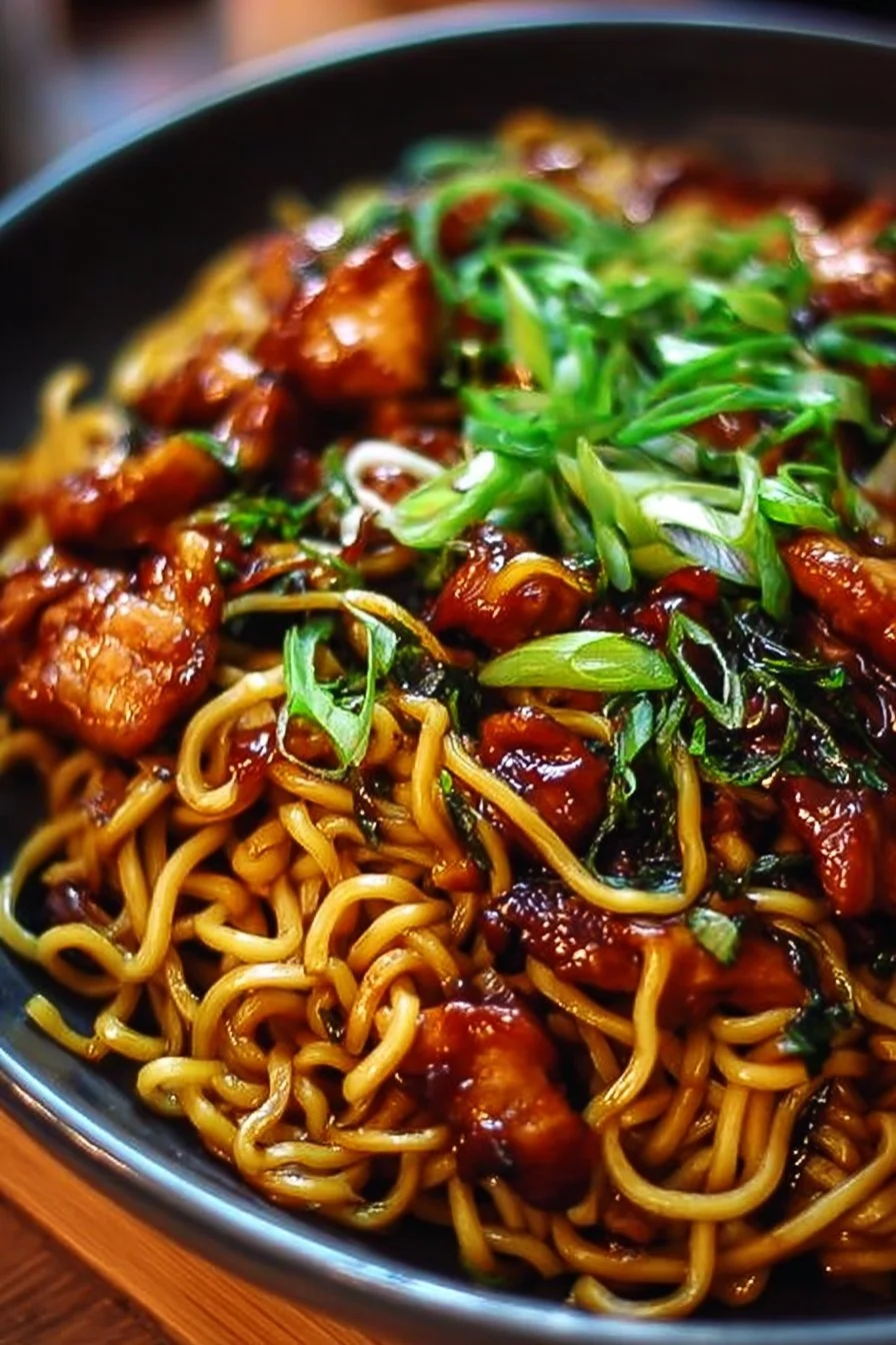 Delicious sticky garlic chicken noodles served in a bowl with vegetables