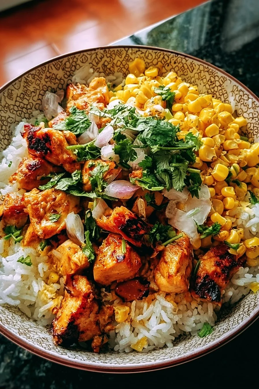 Delicious Street Corn Chicken Rice Bowl with fresh ingredients and vibrant flavors.