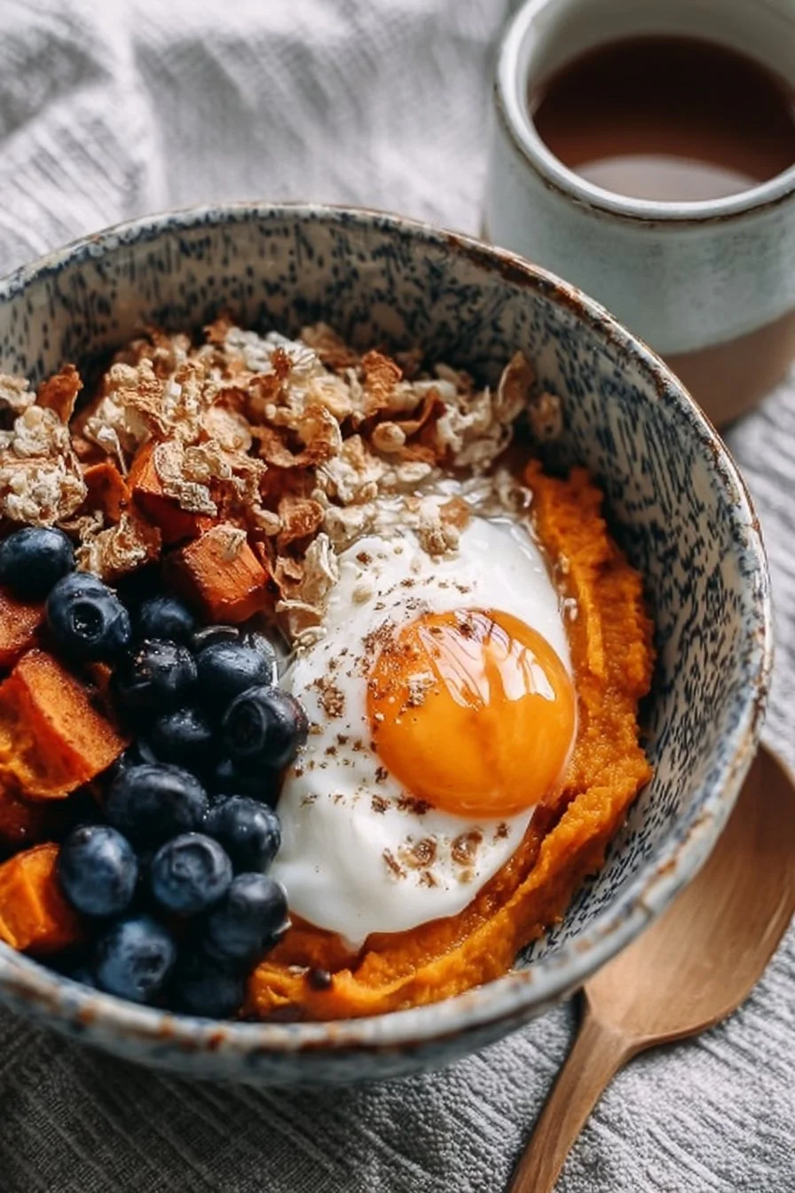 Delicious Sweet Potato Breakfast Bowls topped with fresh ingredients