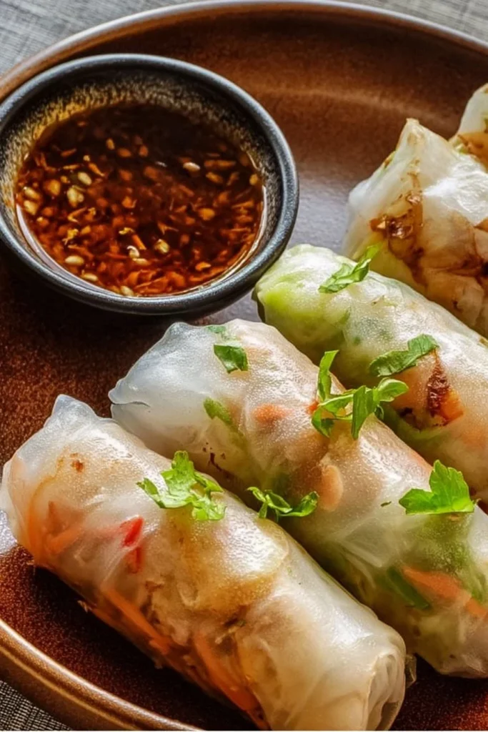 Crispy air fryer rice paper noodle rolls filled with fresh vegetables and herbs.