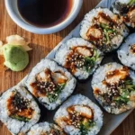 Teriyaki chicken sushi rolls with vibrant colors and fresh ingredients