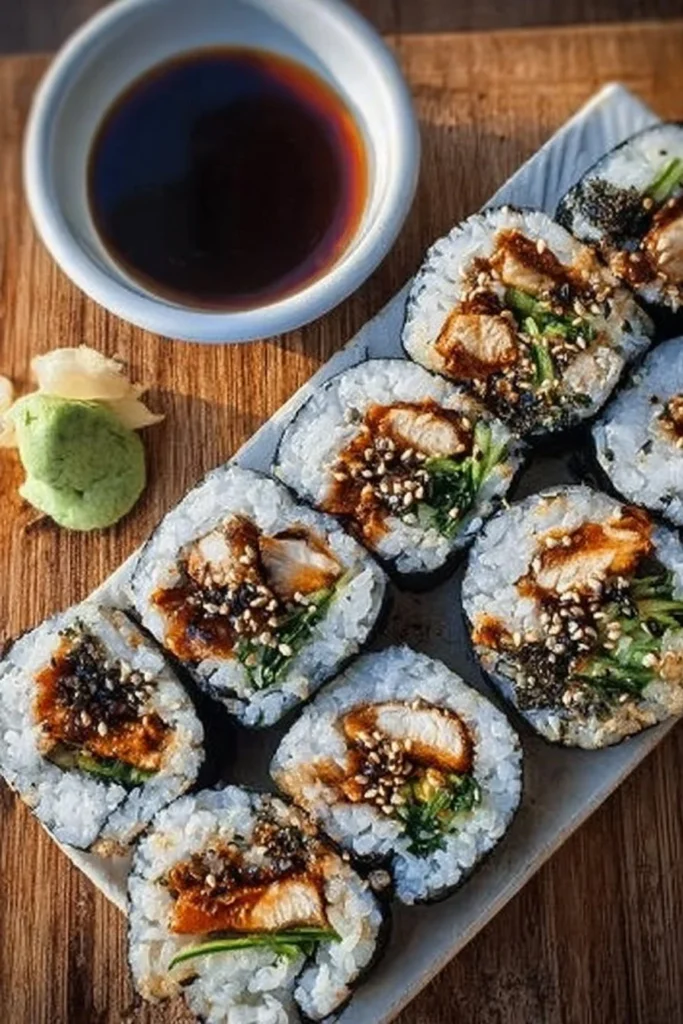 Teriyaki chicken sushi rolls with vibrant colors and fresh ingredients