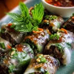 Plate of Thai basil beef rolls garnished with fresh herbs and dipping sauce