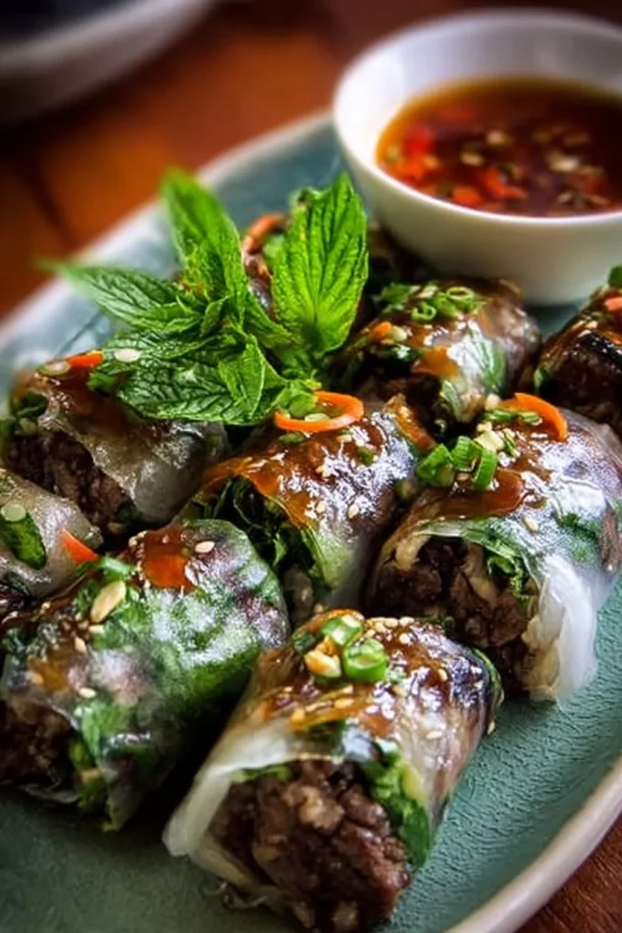 Plate of Thai basil beef rolls garnished with fresh herbs and dipping sauce